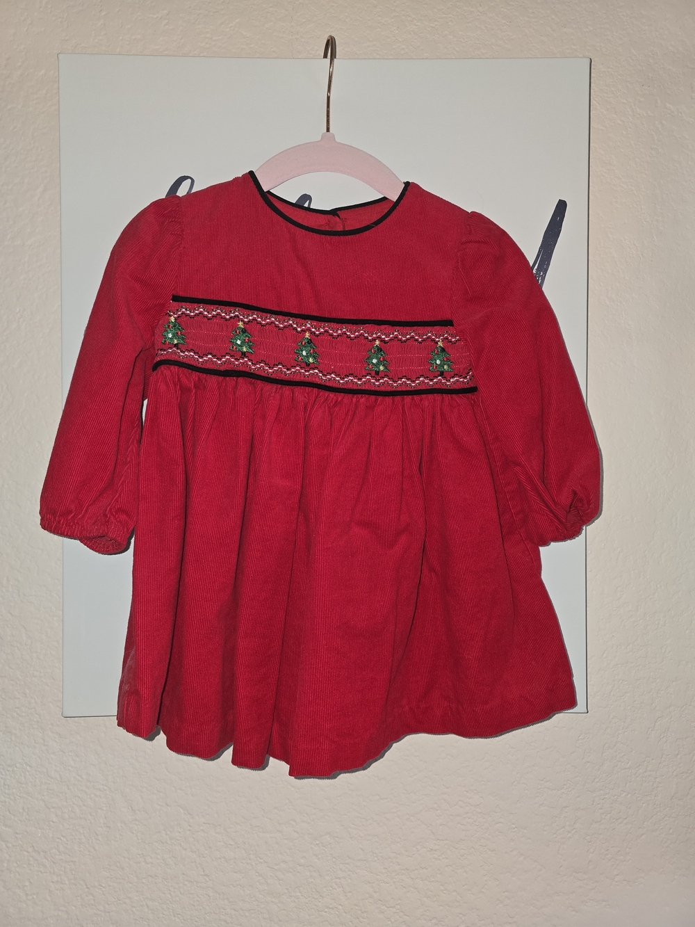 Bonnie Baby Smocked Christmas Tree Corduroy Dress Baby 12M Red
